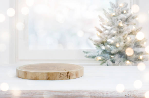 istock Festive Christmas background with table and podium for product display 1432210823