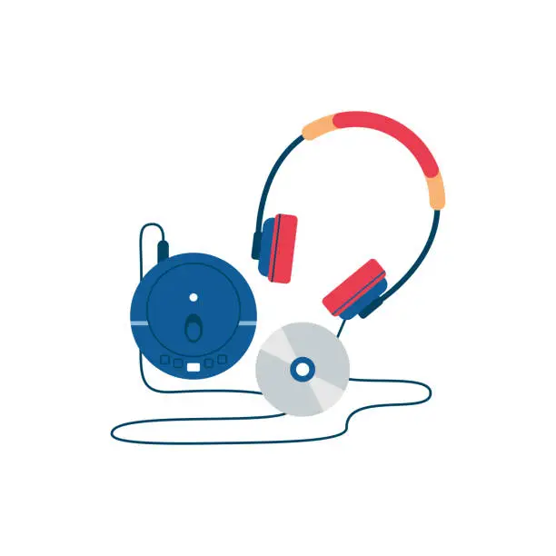 Vector illustration of Old fashioned portable music player with CD discs and headphones. Device for listening to compositions and songs, gadget. Vector in flat cartoon style