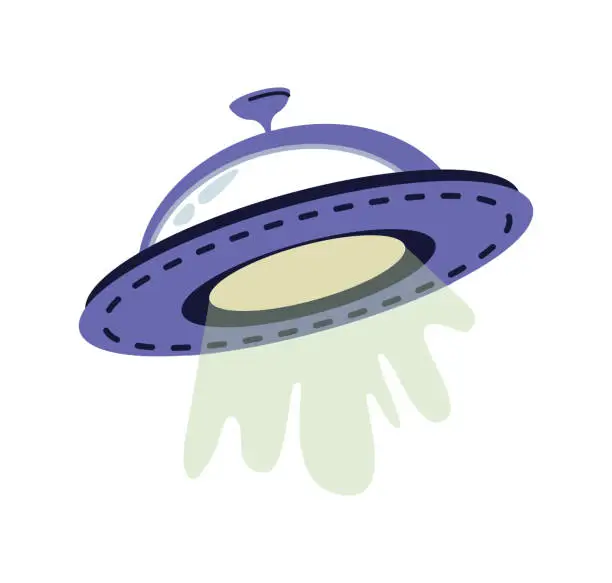 Vector illustration of Alien abduction spacecraft, isolated flying UFO saucer with light glowing. Kidnapping by extraterrestrial being. Unidentified flying object in space. Vector in flat cartoon style