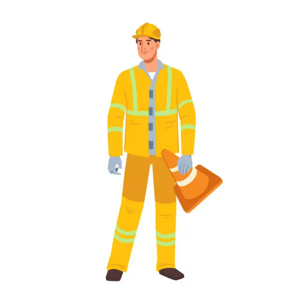 Vector illustration of Surveyor wearing uniform and hardhat, holding road cone. Isolated man surveying land, planner guy. Personage or character, vector in flat cartoon style