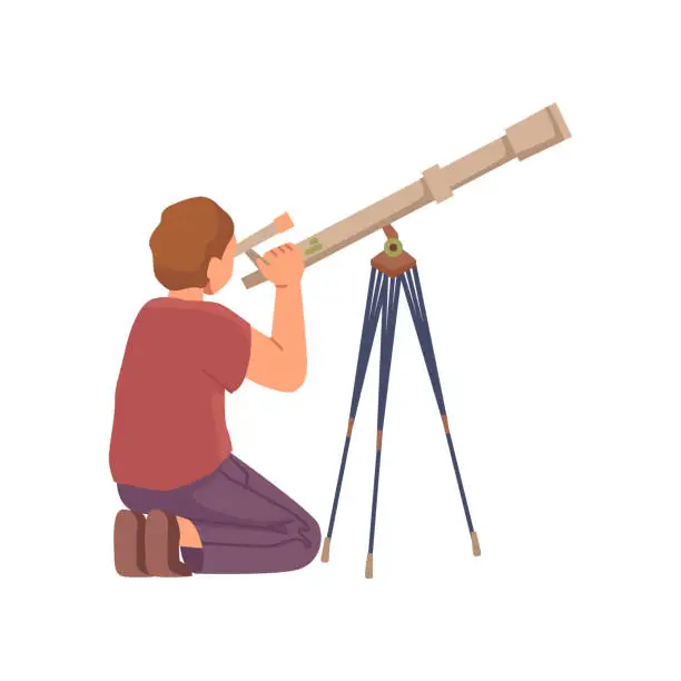 Vector illustration of Watching celestial bodies and starry sky through telescopes. Isolated personage using zooming in device with powerful lens. Vector in flat cartoon style