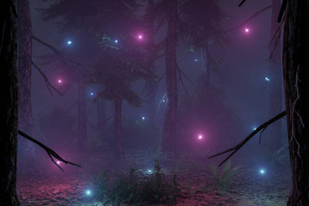 istock 3D rendering of dark forest with glowing blue and magenta particles 1432214301