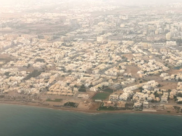Aerial view of the outskirts of Muscat, the capital and most populated city in Oman