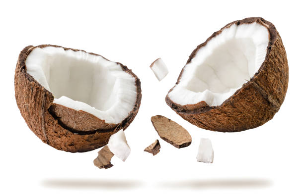 istock Coconut broken into two halves flies on a white. Isolated 1432219961
