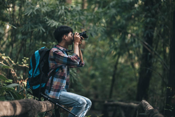 istock Hikers  with backpacks use camera shooting lanscape in the forest. hiking and adventure concept. 1432220727