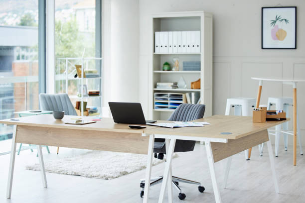 istock Professional work space, corporate office in creative interior design desk. Private indoor business workplace for CEO, director or attorney empty from covid lockdown restrictions. Decorated building 1432222796