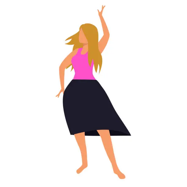 Vector illustration of Dancing girl with blonde hair in skirt and without shoes. Vector illustration.