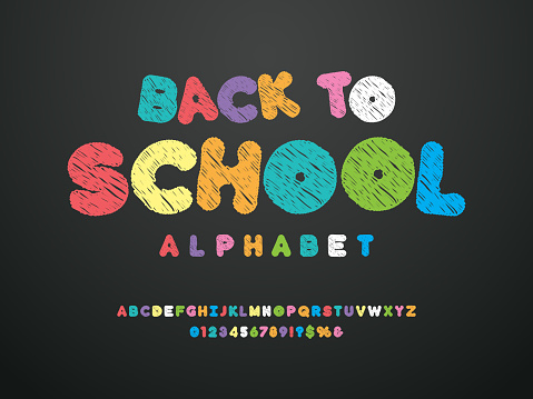 Bright colorful chalk board style alphabet design with uppercase, numbers and symbols