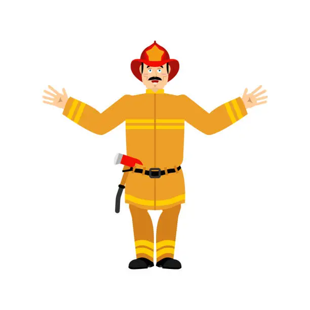 Vector illustration of Firefighter happy. Fireman merry emotion. Joyful man