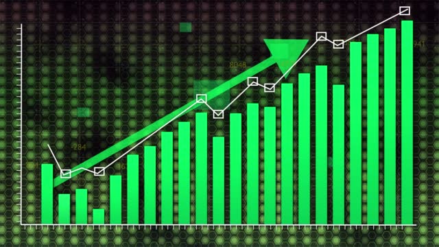 2D Stock Graph Chart rising green arrow on a green modern background.