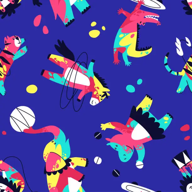 Vector illustration of Seamless pattern of circus animals painted with multi-colored bright paints