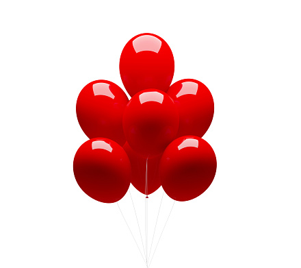 Bunch of red balloons on white background. Front view. Horizontal composition with copy space.