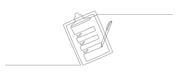 illustrations, cliparts, dessins animés et icônes de presse-papiers avec liste de contrôle et stylo dans un dessin au trait continu. liste de choses à faire avec des tiques et un concept pour l’expertise de test et l’examen dans un style linéaire simple. contour modifiable. illustration vectorielle do - checkbox pen questionnaire checklist