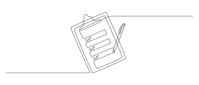 istock Clipboard with checklist and pen in one continuous line drawing. To do list with ticks and concept for test expertise and exam in simple linear style. Editable stroke. Doodle vector illustration 1432229470