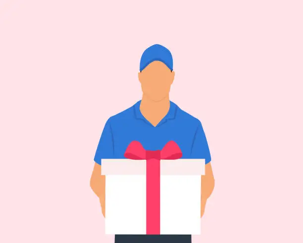 Vector illustration of Delivery Man Holding Gift Box In His Hands