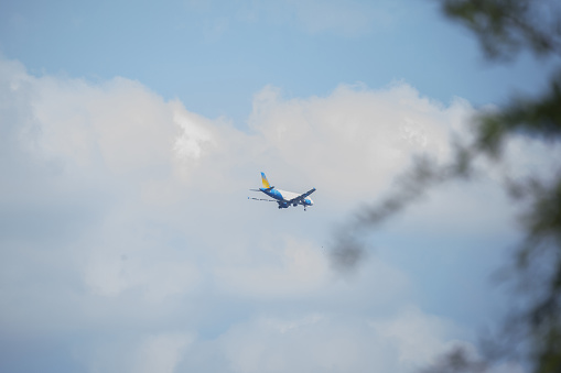 ALLEGIANT AIRLINES PLANE, AUSTIN, TEXAS/USA  JUNE 09 2019: Airplane from Allegiant Airlines flies overhead on its way to or from the Austin-Bergstrom International Airport.