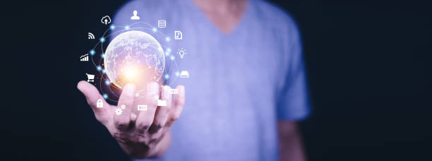 istock Hand holding virtual Global Internet connection metaverse. Business global internet connection application technology and digital marketing, Financial and banking, Digital link tech, big data. 1432231262