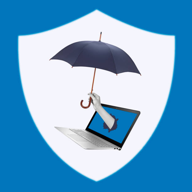 istock Creative collage of hand holding umbrella over laptop. 1432237398