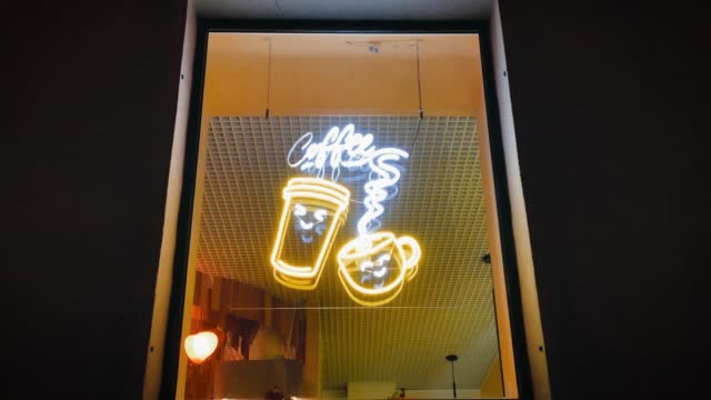 neon coffee cup sign cafe window night life cute warm