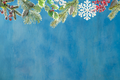 Christmas background with top fir tree, snowflake, holly and blue sky background copy space