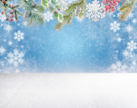 Christmas snowing background with top fir tree, snowflake, holly and blue sky background copy space with snow