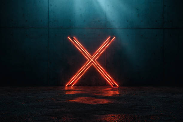 3D rendering of framed lighten X alphabet shape on grunge floor