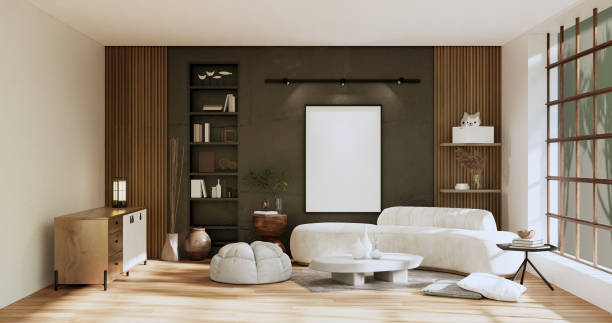 istock Armchair onEmpty room wabi sabi style. 3D illustration rendering 1432243793