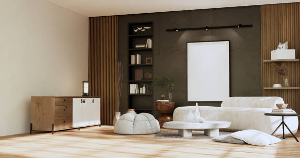 istock Armchair onEmpty room wabi sabi style. 3D illustration rendering 1432243841