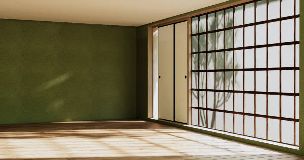 istock Empty room - green wall on wood floor interior and decorations plants. 3D rendering 1432244104