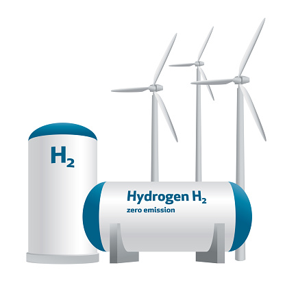 Vector Illustration of a Renewable Concept Clean Gas Storage Tanks of Hydrogen H2 and Wind Turbine isolated on white background.