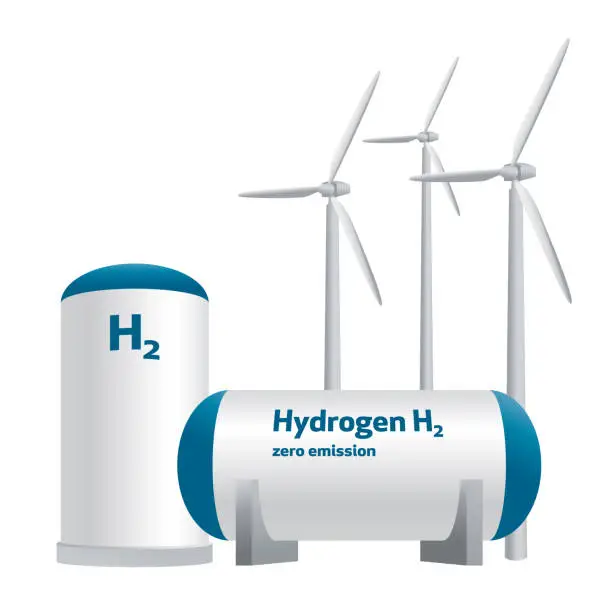 Vector illustration of Renewable Clean Gas Storage Tanks of Hydrogen H2 and Wind Turbine