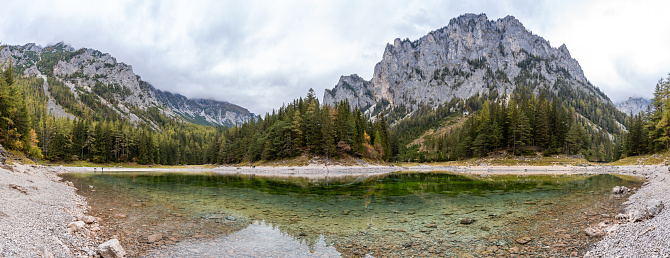Panoramic shot of Lake Flix on Alp Flix in the canton of Graubünden in Switzerland.