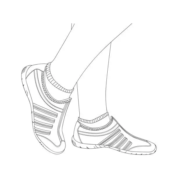 Vector illustration of Women's legs (feet) in hiking shoes for walking in city parks, health paths, side view. Sport footwear close up. Concept of sports and healthy lifestyle. Walk every day. Sketch, linear drawing