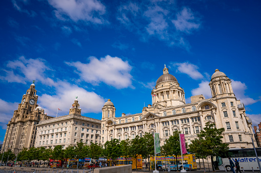 Liverpool Pier Head with buildigs as Royal Liver, Port of Liverpool and Cunard buildings in England UK United Kingdom