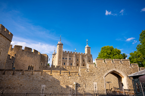 Tower of London, historic castle at north bank of River Thames, central London.  Founded in 1066 is also home of the Crown Jewels of England. Was used as a prision in 16th and 17th centuries and today is protected as a World Heritage Site