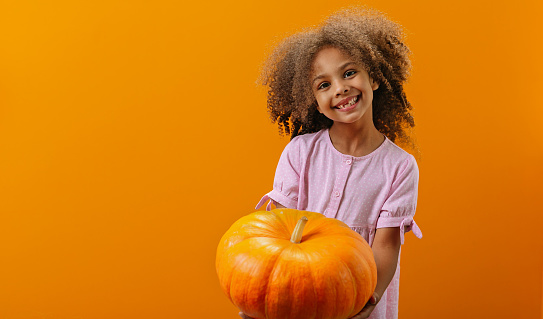 A happy Black girl holds a pumpkin on a yellow background before the Halloween holiday. A girl carries a Thanksgiving Holiday Decoration in her hands