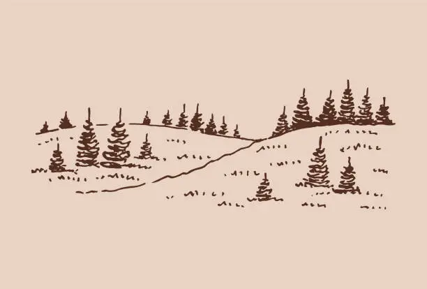 Vector illustration of Sketch of wild nature with forest. Hand drawn illustration converted to vector.