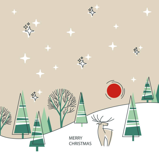 Christmas postcard in vintage style. Winter scene, forest background vector art illustration