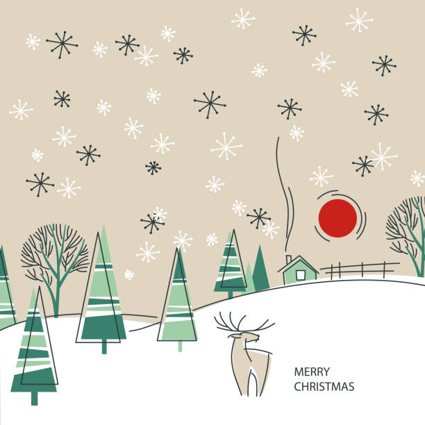 Christmas postcard in vintage style. Winter scene, forest background vector art illustration