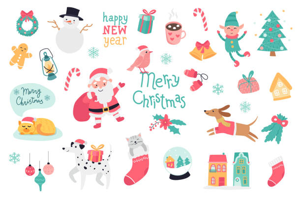 illustrazioni stock, clip art, cartoni animati e icone di tendenza di buon natale con elementi da cartone animato in flat design. fascio di ghirlanda, pupazzo di neve, regalo, campana, elfo, pan di zenzero, lanterna, babbo natale, guanti e altri adesivi isolati decorativi. illustrazione vettoriale. - candy cane immagine