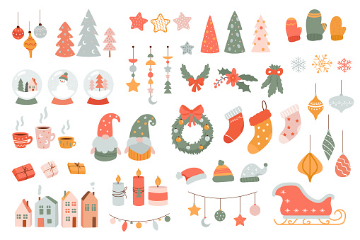 Happy New Year set with cartoon elements in flat design. Bundle of Christmas trees, stars, decors, mittens, garlands, holly, snowflakes, cacao cups, other isolated stickers. Vector illustration.