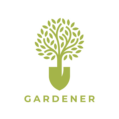 Concept tree shovel icon. Landscape gardener emblem. Garden spade plant sign. Gardening service symbol. landscaping company vector illustration.