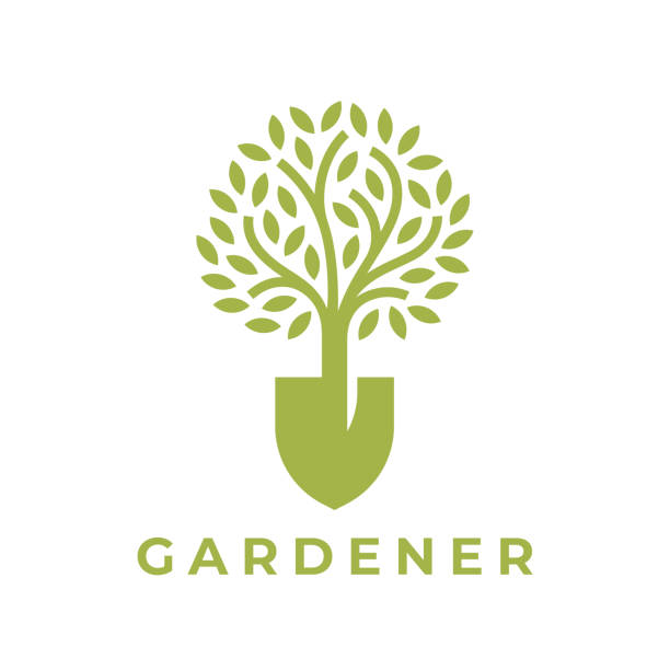 Tree shovel gardener icon Concept tree shovel icon. Landscape gardener emblem. Garden spade plant sign. Gardening service symbol. landscaping company vector illustration. shovel stock illustrations
