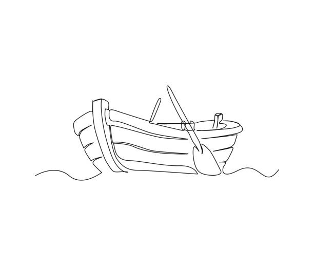 나무 낚시 카누의 연속 라인 아트 드로잉. 나무 낚시 보트 단일 라��인 아트 드로잉 벡터 일러스트레이션. - fishing boat rafting river recreational pursuit stock illustrations