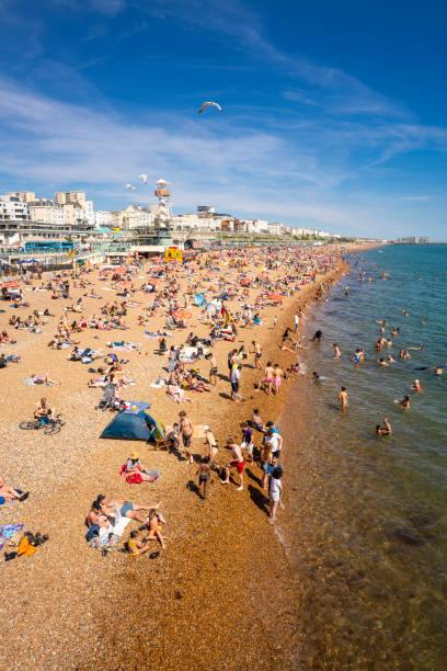 Brighton seaside resort beach and Brighton Pier in a summer sunny blue sky day with tourists in UK Brighton seaside resort beach and Brighton Palace Pier in a summer sunny blue sky day with tourists in UK, Great Britain, England in East Sussex 47 miles south London, called as "the happiest place to live in the UK", also a LGTBIQ+ popular destination landmark brighton england stock pictures, royalty-free photos & images