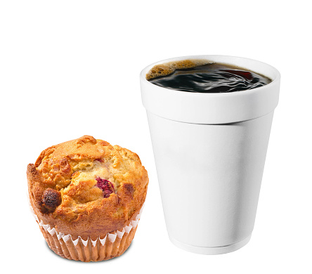 hot plastic coffe cup with chip muffin isolated on a white background