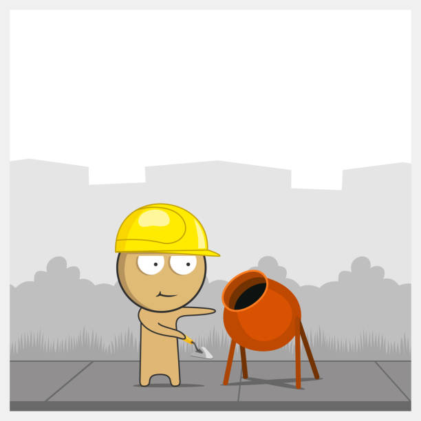 Construction worker and concrete mixer vector art illustration