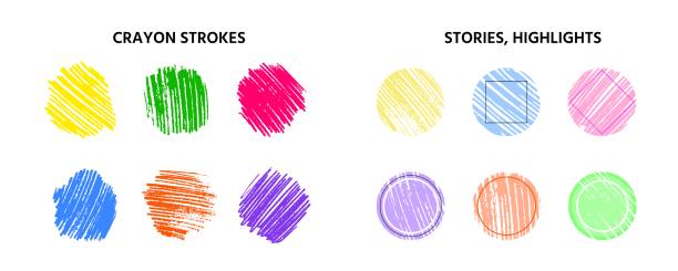 Hand drawn colored pencil strokes and examples of story highlight covers based on them Crayon pencil strokes and round templates of story highlight covers for social media. Set of various ready to use scribble design elements image based social media stock illustrations