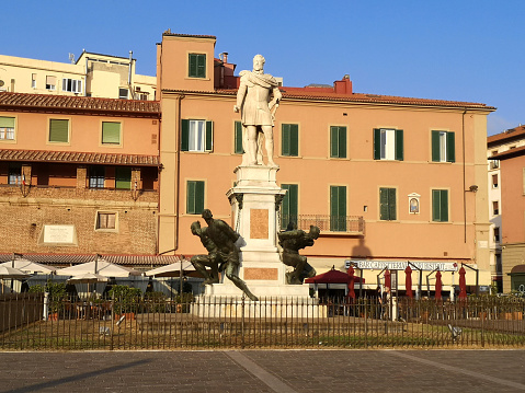 The Monument of the Four Moors in Livorno, Italy. It was completed in 1626 to commemorate the victories of Ferdinand I of Tuscany over the Ottomans.\nIt is the most famous monument of Livorno and is located in Piazza Micheli.