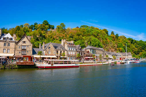 Le Port de Dinan and La Rance river in french Bretagne Brittany picturesque town in France. Walled Breton town in the Côtes-d'Armor